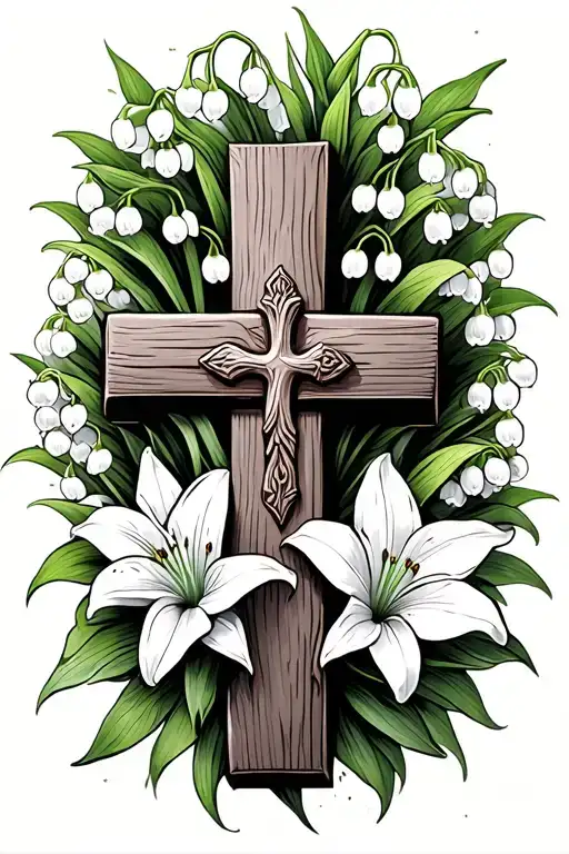 Wooden Cross Surrounded By Lily Of The Valley