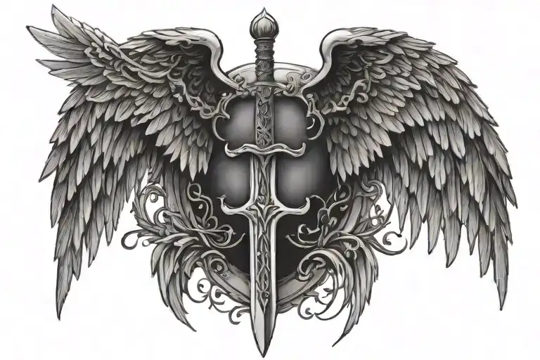 Detailed Angel Wings With A Sword In The Middle With Lighting Details Around The Sword