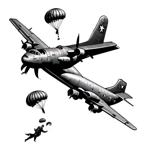 Black And White Military Soldiers Jumping Out Of A C-130 With Parachutes