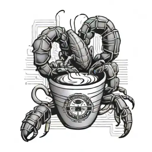 A Sleek And Modern Tattoo Of A Scorpion Sitting On A Coffee Cup With Binary Code Wrapping Around