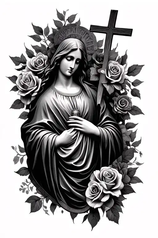 Virgin Mary With A Cross And Roses Intertwined