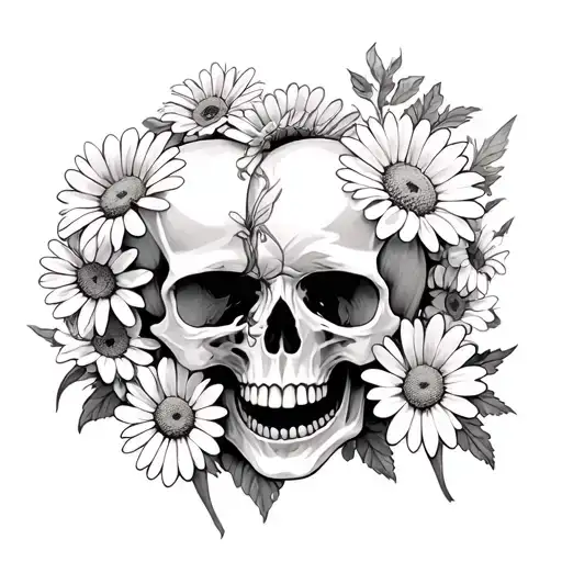 Skulls And Daisy Flowers Intertwined