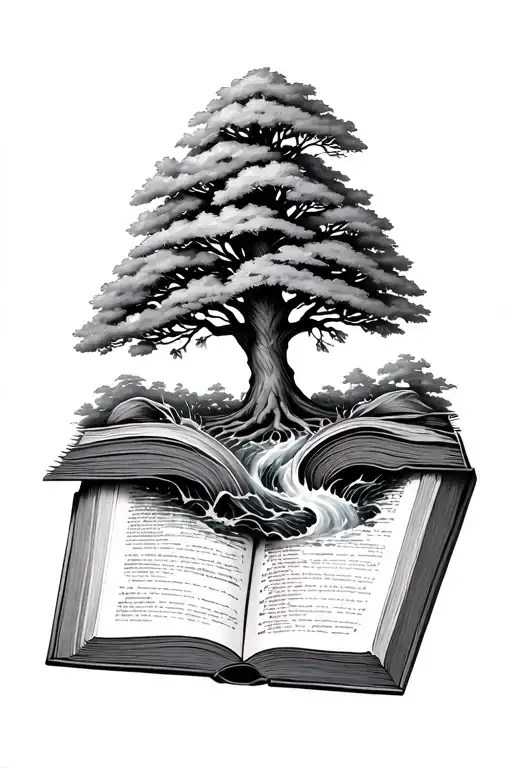 Oak Tree Coming Out Of An Open Book With A Stream Flowing