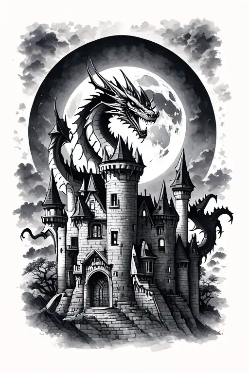 Dragon On Castle With Full Moon In The Background