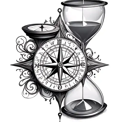 Compass And Clock As Hourglass With Filigree Lines
