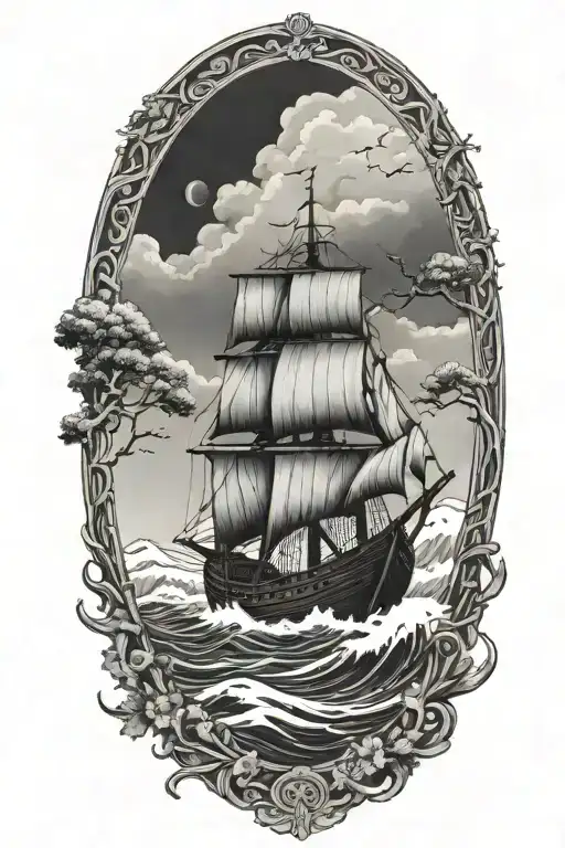 Viking Ship Sailing Through Stormy Sea With Oak Trees And Black Sky With Cliffs And Trees