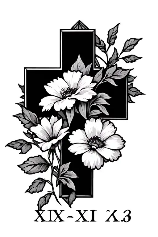 Cross With Flowers In The Back And Roman Numeral Date At The Bottom