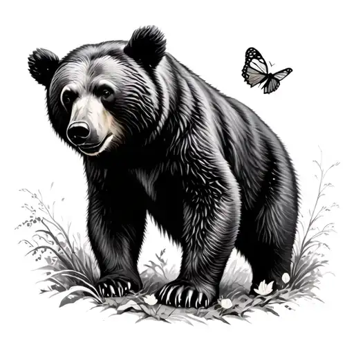 Bear Chasing A Butterfly In The Woods Playing