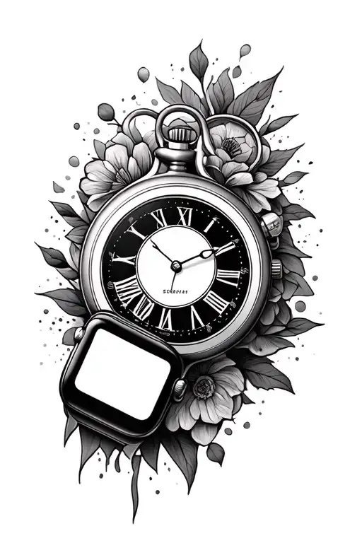 A Tattoo With A Sand Watch A Pocket Watch And A Smartwatch