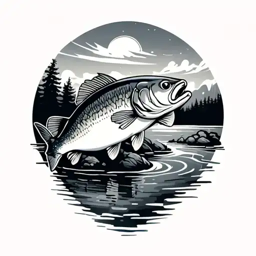 Outdoor With River Flowing And A Bass Fish