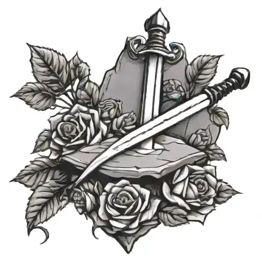 Sword In A Stone With Roses Growing Out Of The Stone