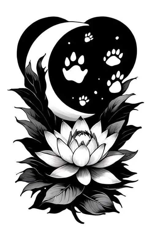 Lotus Flower With A Crescent Moon And Dog Paw Prints Around It