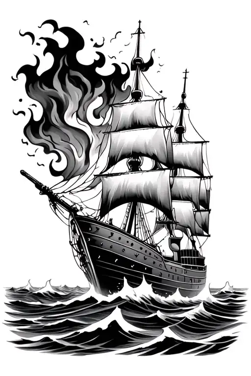 Ship On Fire Flames On Rough Seas