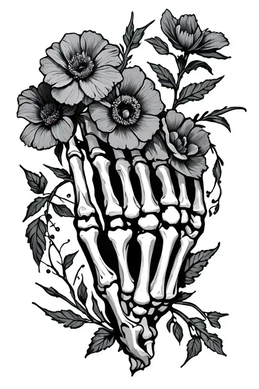 Skeleton Hand Tattoo Featuring Flowers Growing