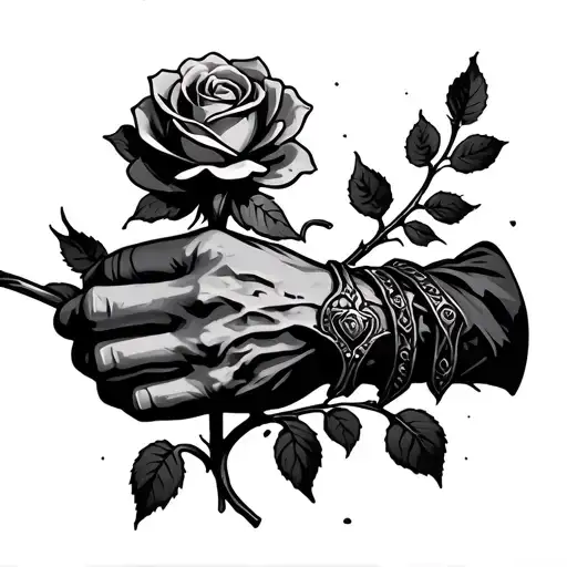 Damaged Medieval Gauntlet Holding A Rose