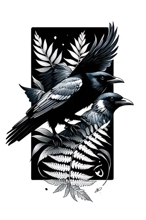 Crow Flying And Fern Leaf