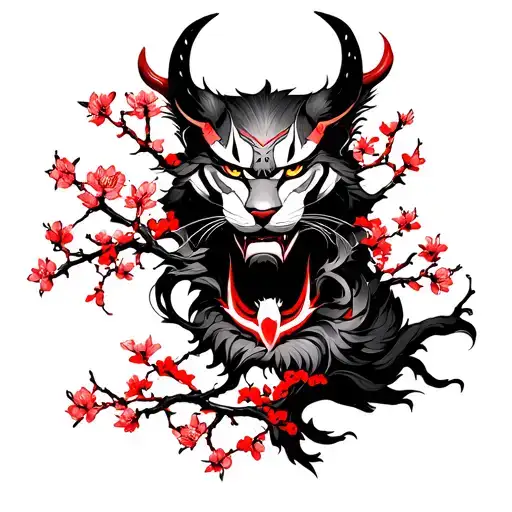 Demon Hannya On The Shoulder With The Branches Of Sakura Red And Lynx On The Forearm