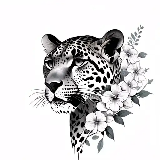 Fine Line Tattoo With A Leopards Body And Flowers