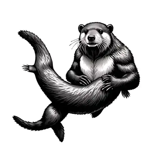 Stoic Nordic Bear Guarding Playful Nordic Otter Swimming