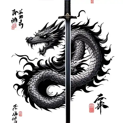 Katana With Japanese Writing On Black With Dragon