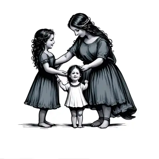 Mother And Three Child Holding Hands Reaching