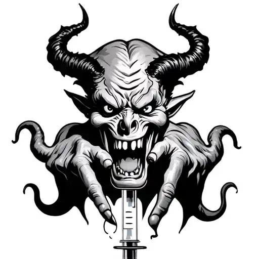 Hypodermic Syringe With Devil Coming Out Of Needle Like A Medication
