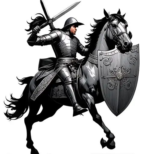 Cavalry Charing On An Armored Horse Wielding Shield And Sword