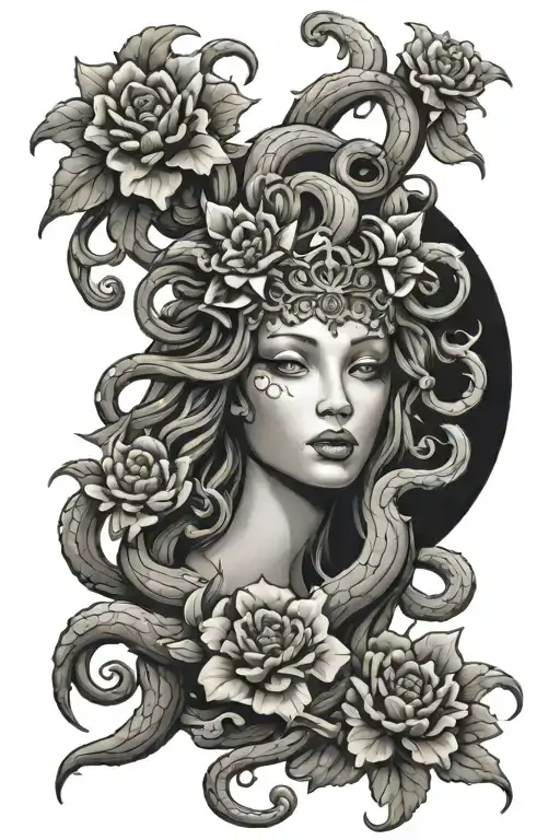 Medusa And Flowers Symbolizing