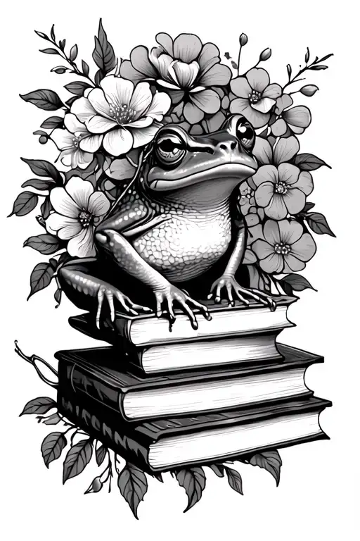 Frog And Books Surrounded By Florals