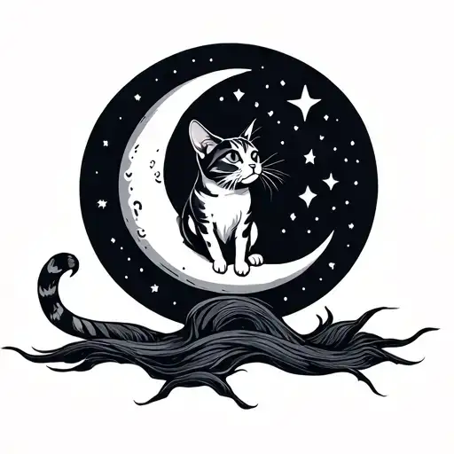 Cat Sitting On Crescent Moon Looking Up At 5 Stars