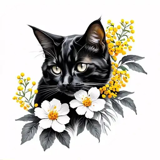 Black Cat And Mimosa Flowers