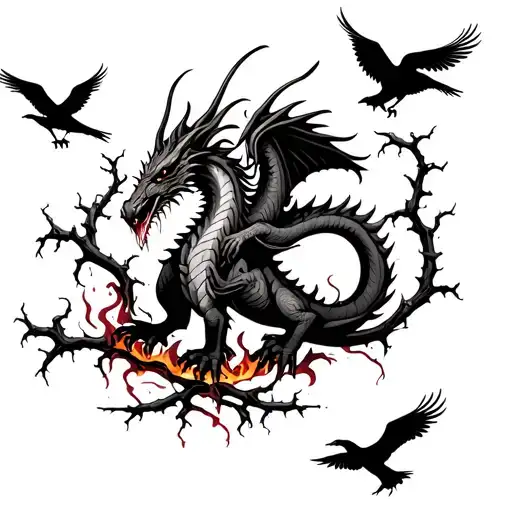 Injured And Bleeding Dragon Moving Through Burning Thorn Vines Whilst Crows Attack At It