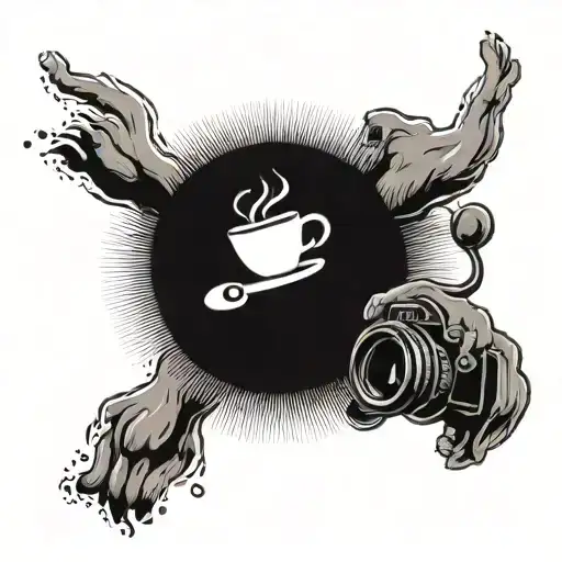 A Black-grey Tattoo Of A Cartoon Dog Photographer Capturing A Coffee Bean In Mid-air