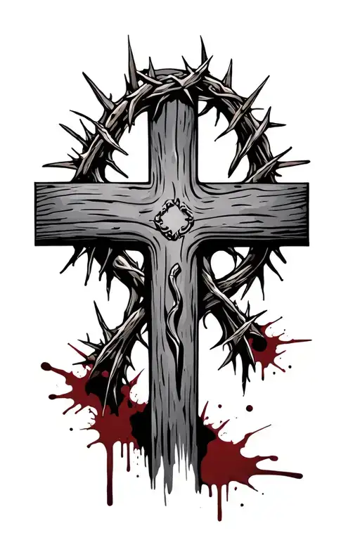 Rustic Cross With Crown Of Thorns And Nails At The Foot With Blood Stains