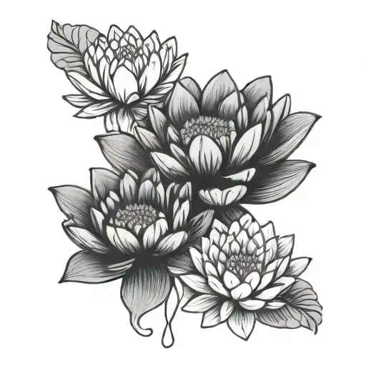 Two Water Lily Flowers And A Chrysanthemum Flower Blooming
