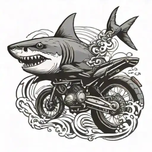 Shark Swimming Next To Motorcycle In An Incan Art Style