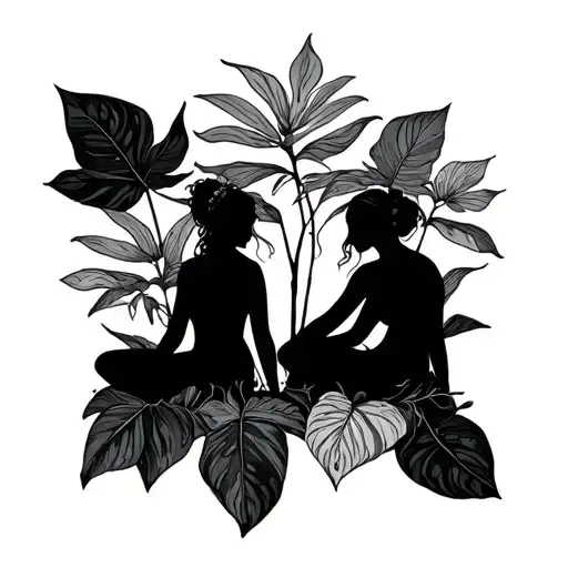 Little Women Silhouettes Sitting On On Philodendron Leaves Fine Line