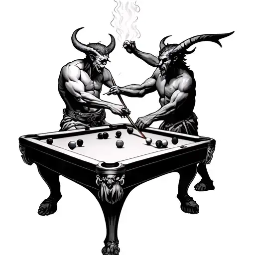 Black And White Tattoo Of God And The Devil Playing A Very Heated Game Of Pool