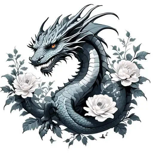 Dragon Amidst Flowers And Night Sky