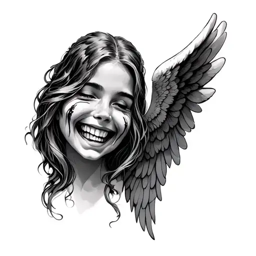 Angel Wings With Smile Now Cry Later Faces Peeking