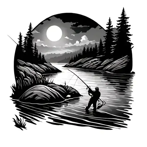 Fishing At A River Bend Towards The Sun