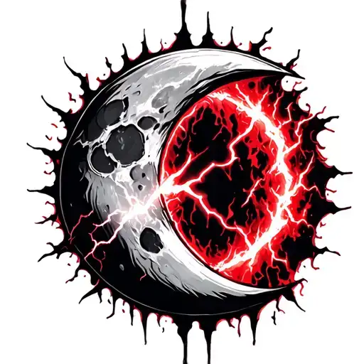 Half Moon Surrounded By Red Bloody Aura And Lightnings