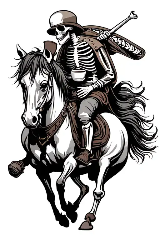 Skeleton Riding A Horse Whilst Drinking Coffee