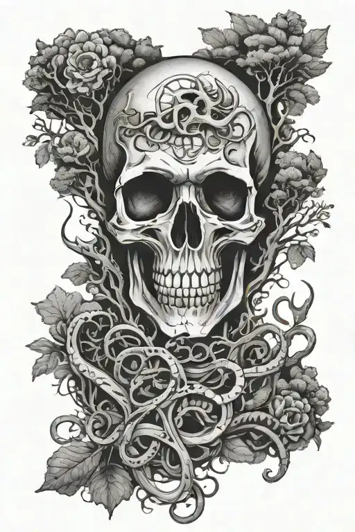 Fish Skeleton Octopus Anchor Skull Surrounded Trees