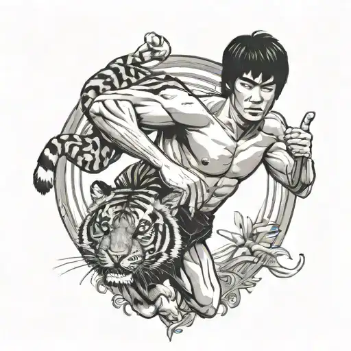 A Detailed Black And Grey Tattoo Of Bruce Lee's Famous Karate Pose With A Tiger In The Background