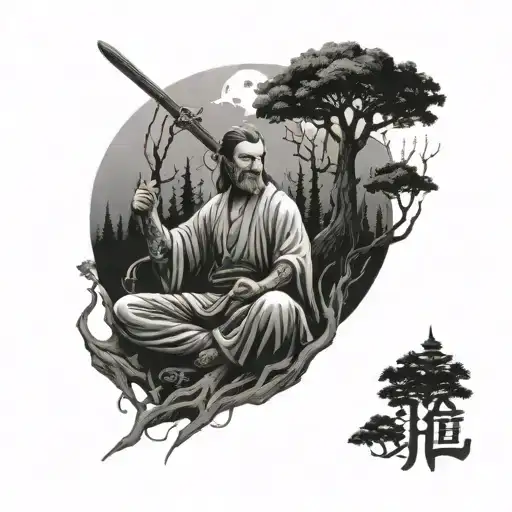 A Kung Fu Master Meditating In A Forest With A Lord Of The Rings Inspired Sword