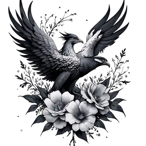 Backtattoo Phoenix Rising Up From Flowers Feminine