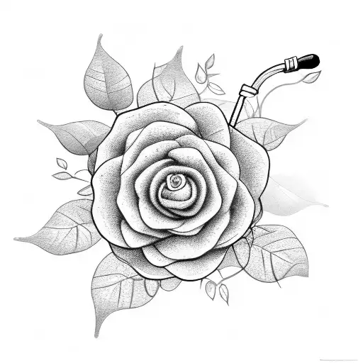 A Black And Grey Sketch Of A Microphone Intertwined With Vines And Flowers