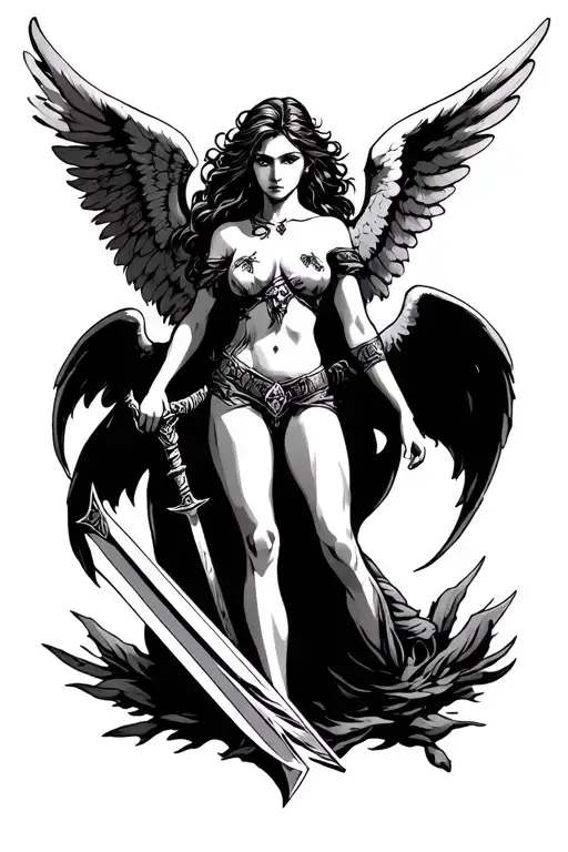 Strong Female Angel With Wings Wide Spread Holding A Sword