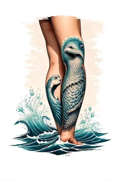 Ocean Animal Themed Leg Sleeve Tattoo Featuring